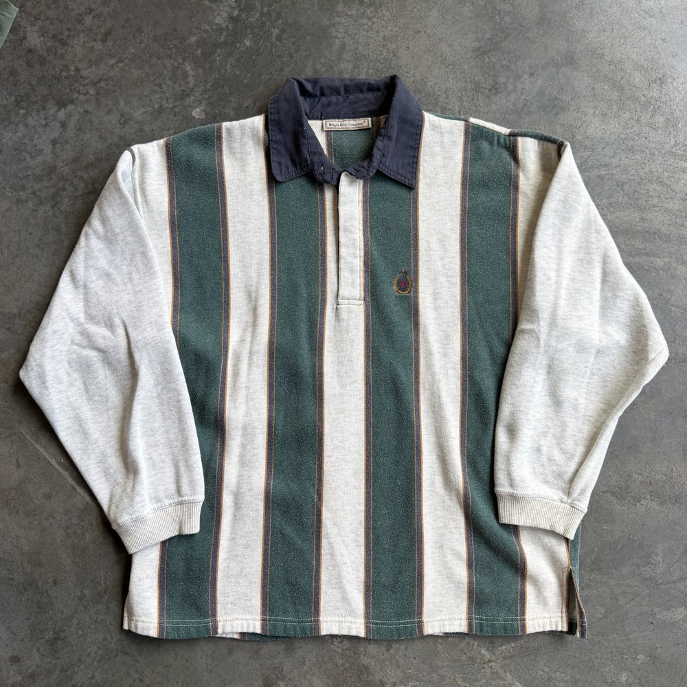 Vintage 90s Y2K Bugle Boy Striped Faded Crest Embroidered Rugby Shirt Mens Large